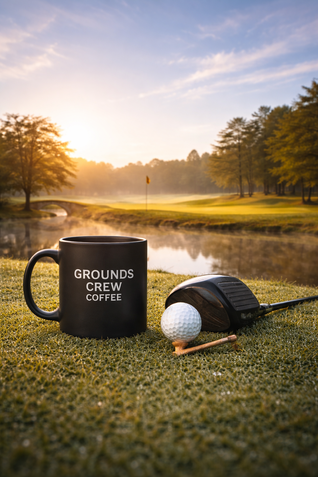 Black 'Grounds Crew Coffee' mug with golf ball and club on a golf course at sunrise.